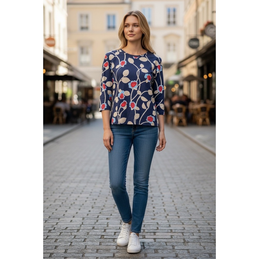 J.McLaughlin Navy Blue Floral Jersey Stretch Print 3/4 Sleeve Blouse Top Sz XL